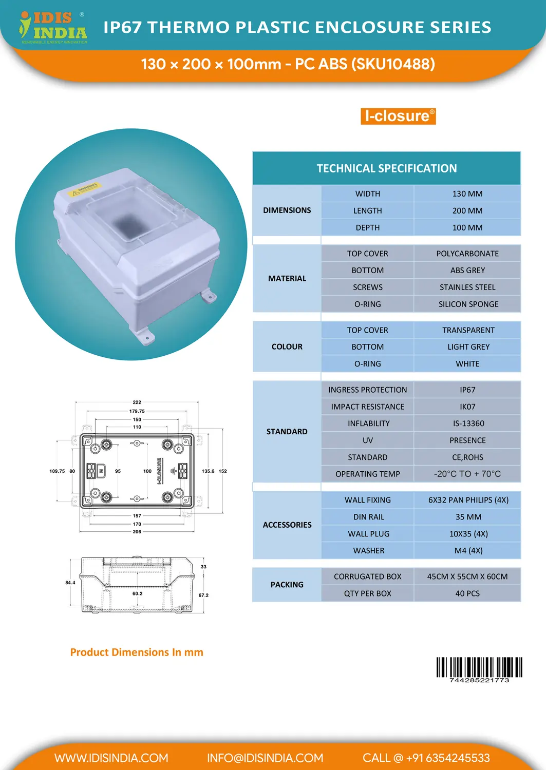4WAY IP65 ABS MCB Box Three Phase with 32 Amp MCB