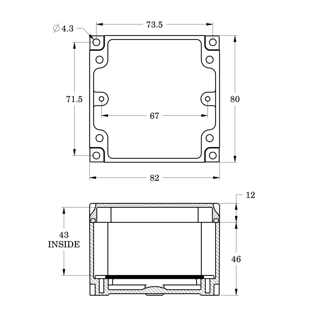 80 x 82 x 55 mm PCB Enclosure Dimension
