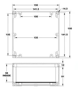 ABS Enclosure 150 x 150 x 70 mm Grey IP67 Dimensions