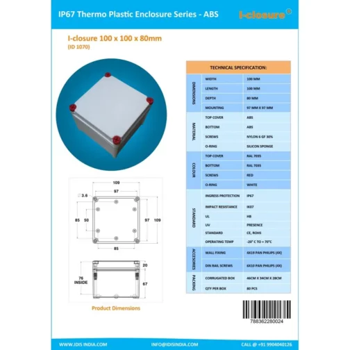 ABS-Enclosure-Waterproof-IP65-IP67-100-x-100-x-80-mm-RAL7035-Grey-Isometric-TOP-2-DATASHEET