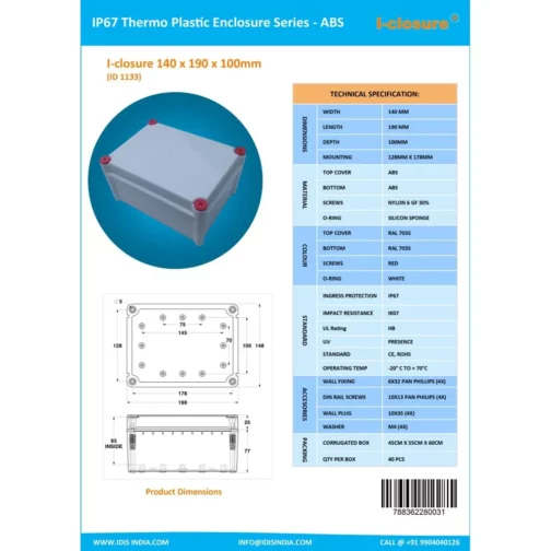 ABS-Enclosure-Waterproof-IP65-IP67-140-x-190-x-100-mm-RAL7035-Grey-Isometric-DATASHEET