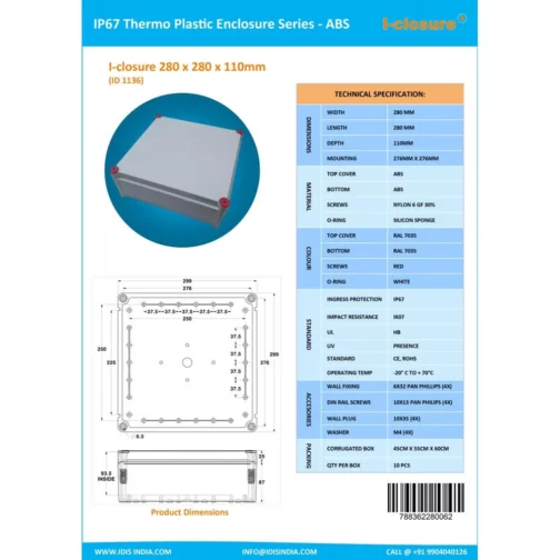 ABS-Enclosure-Waterproof-IP65-IP67-280-x-280-x-110-mm-RAL7035-Grey-Isometric-DATASHEET