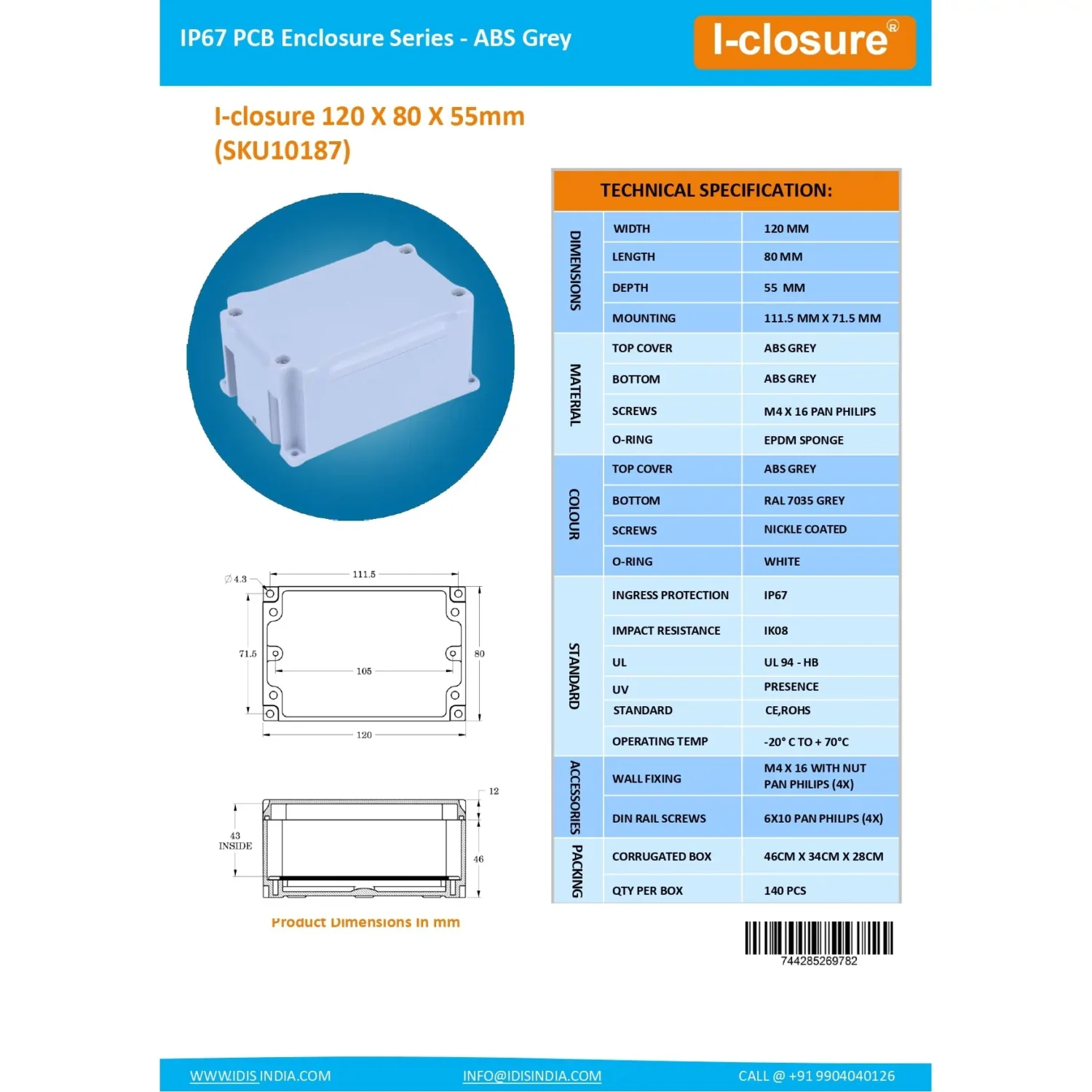 Data Sheet 120 x 80 x 55 MM Opaque Electronics Enclosure