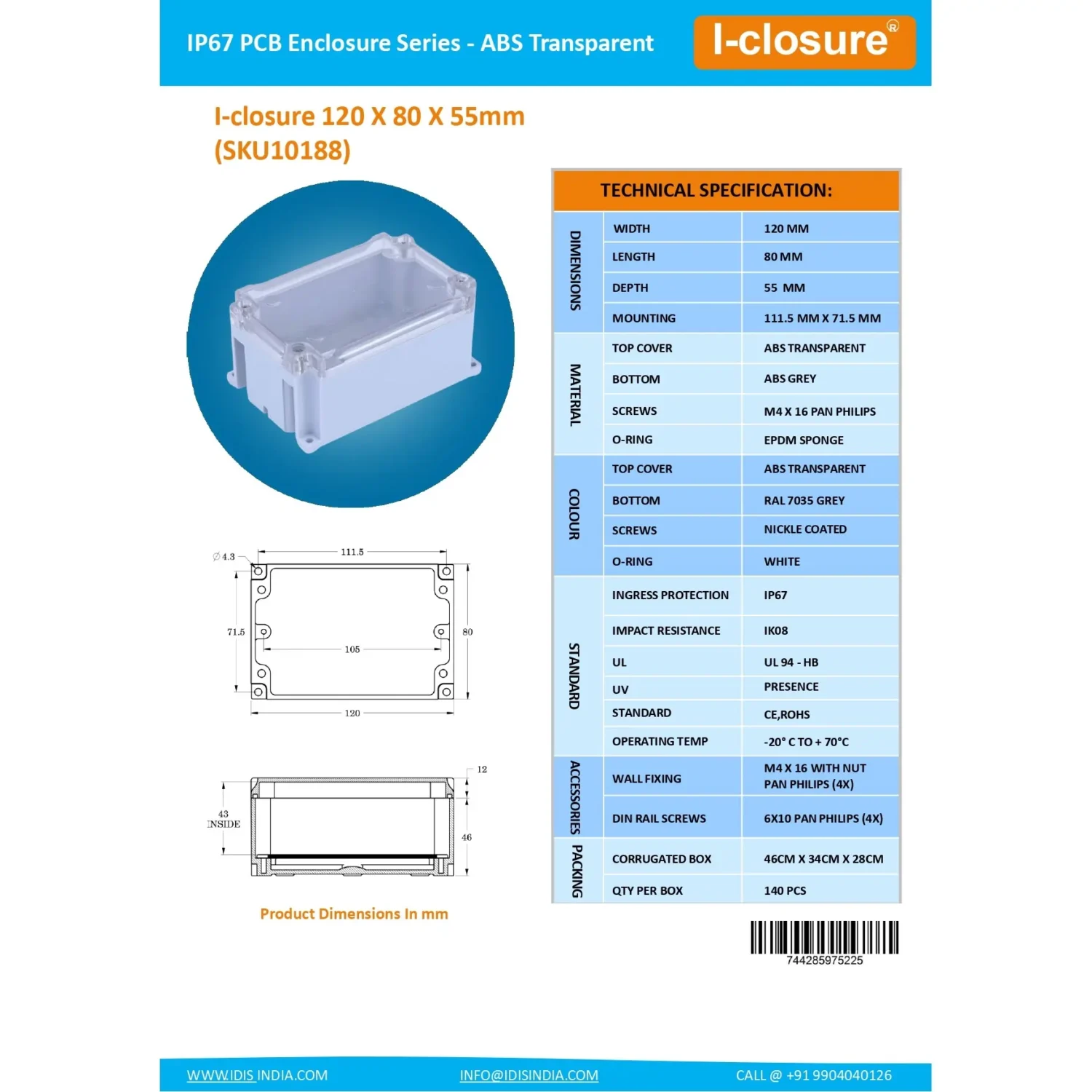 Data Sheet 120 x 80 x 55 MM Transparent Electronics Enclosure