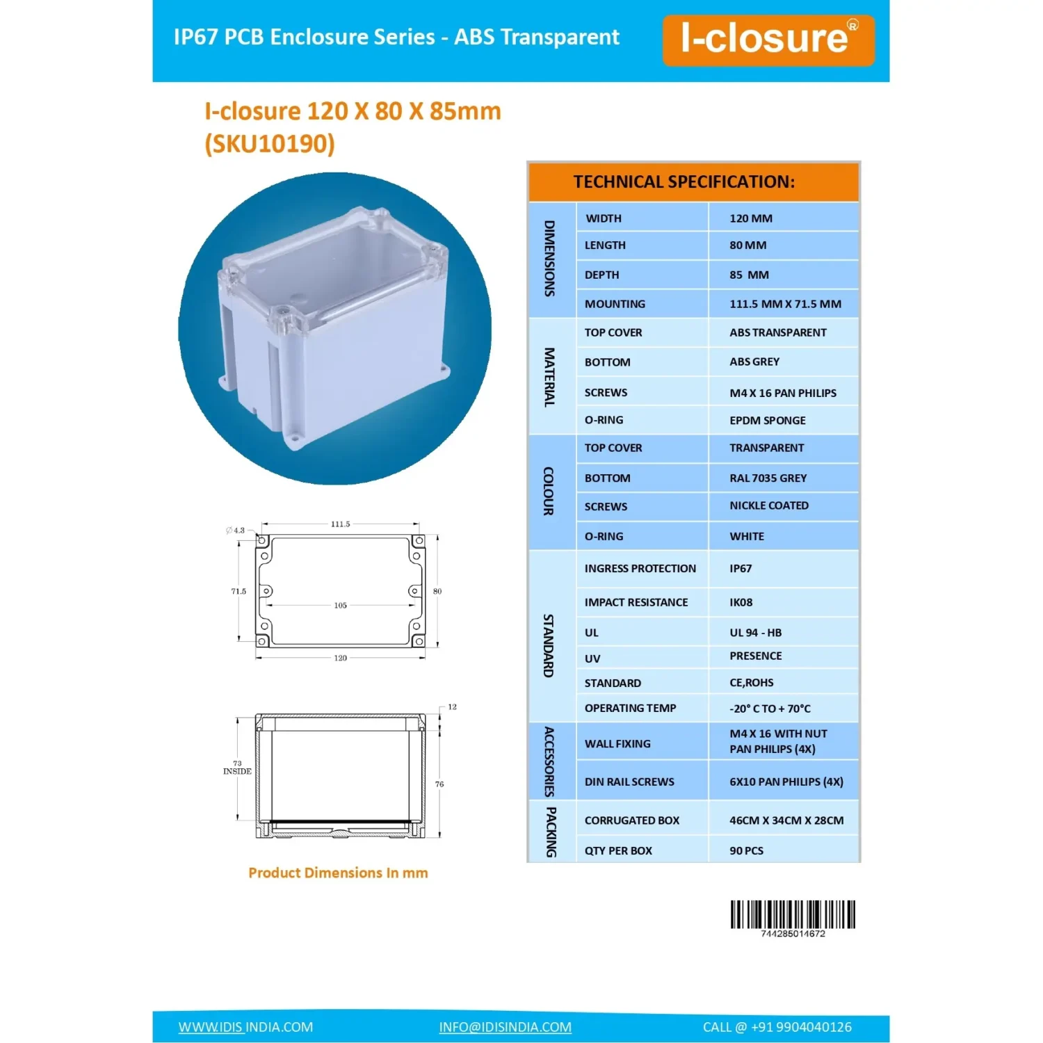 Data Sheet 120 x 80 x 85 MM Transparent Electronics Enclosure