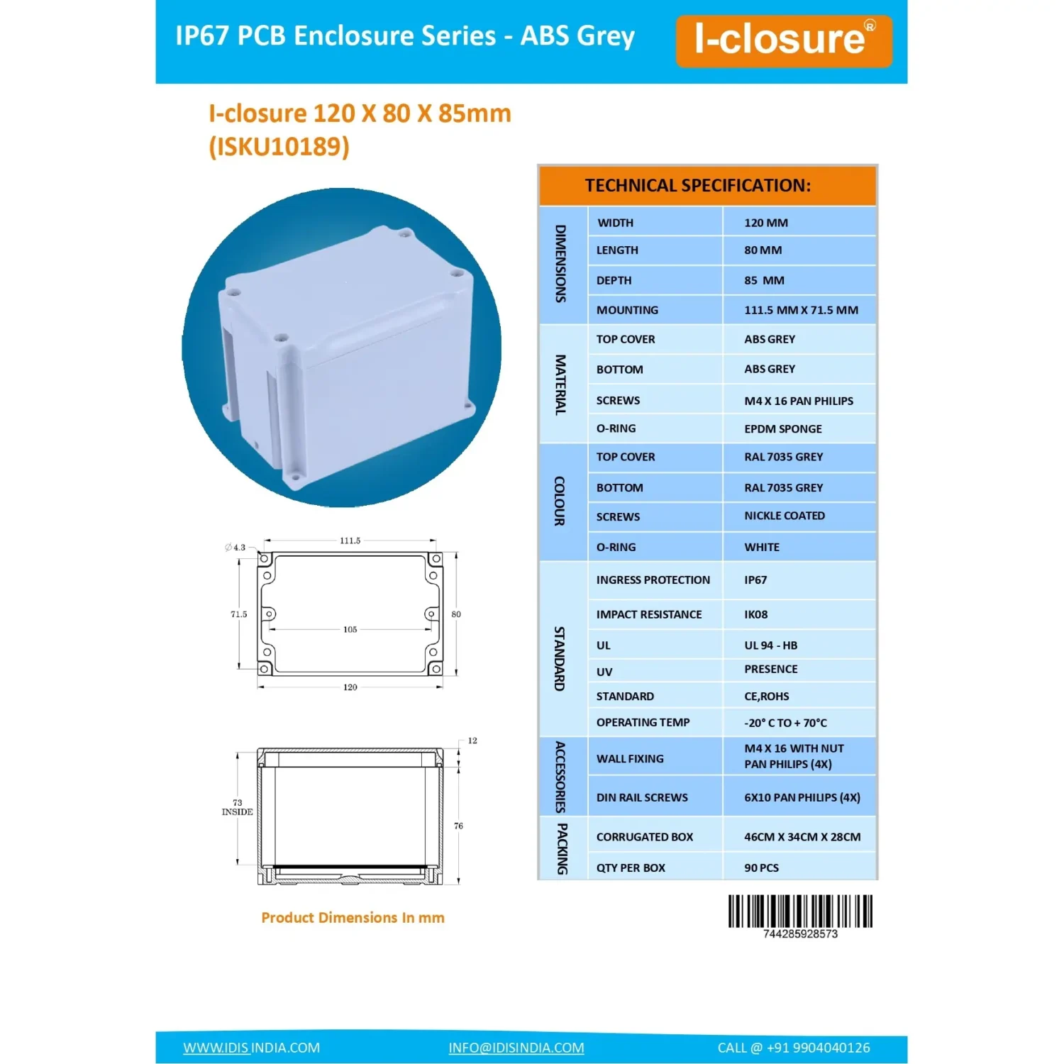 Data Sheet 120 x 82 x 85 MM ABS Electronics Enclosure