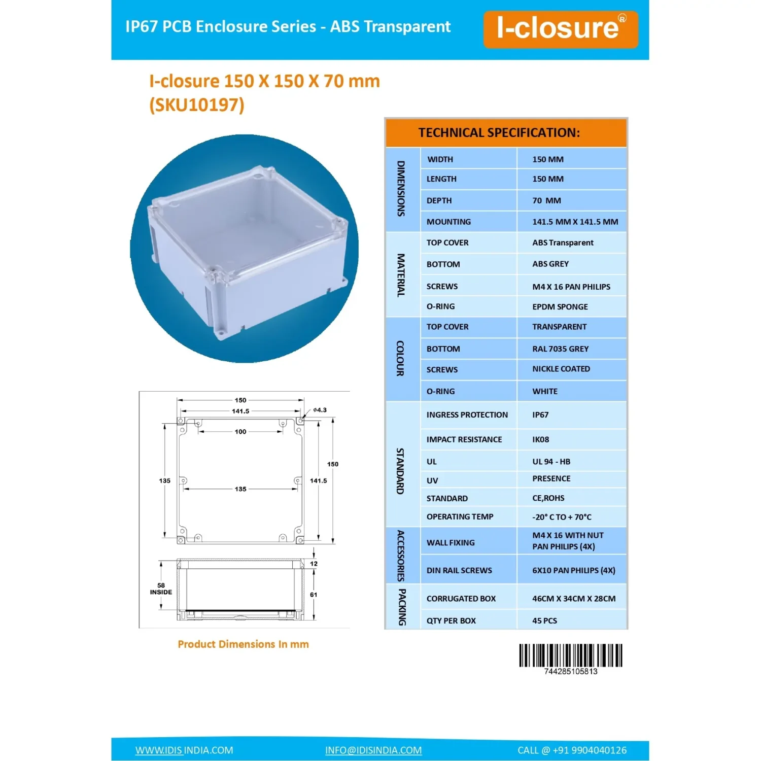 Data Sheet 150 x 150 x 70 MM Transparent Electronics Enclosure