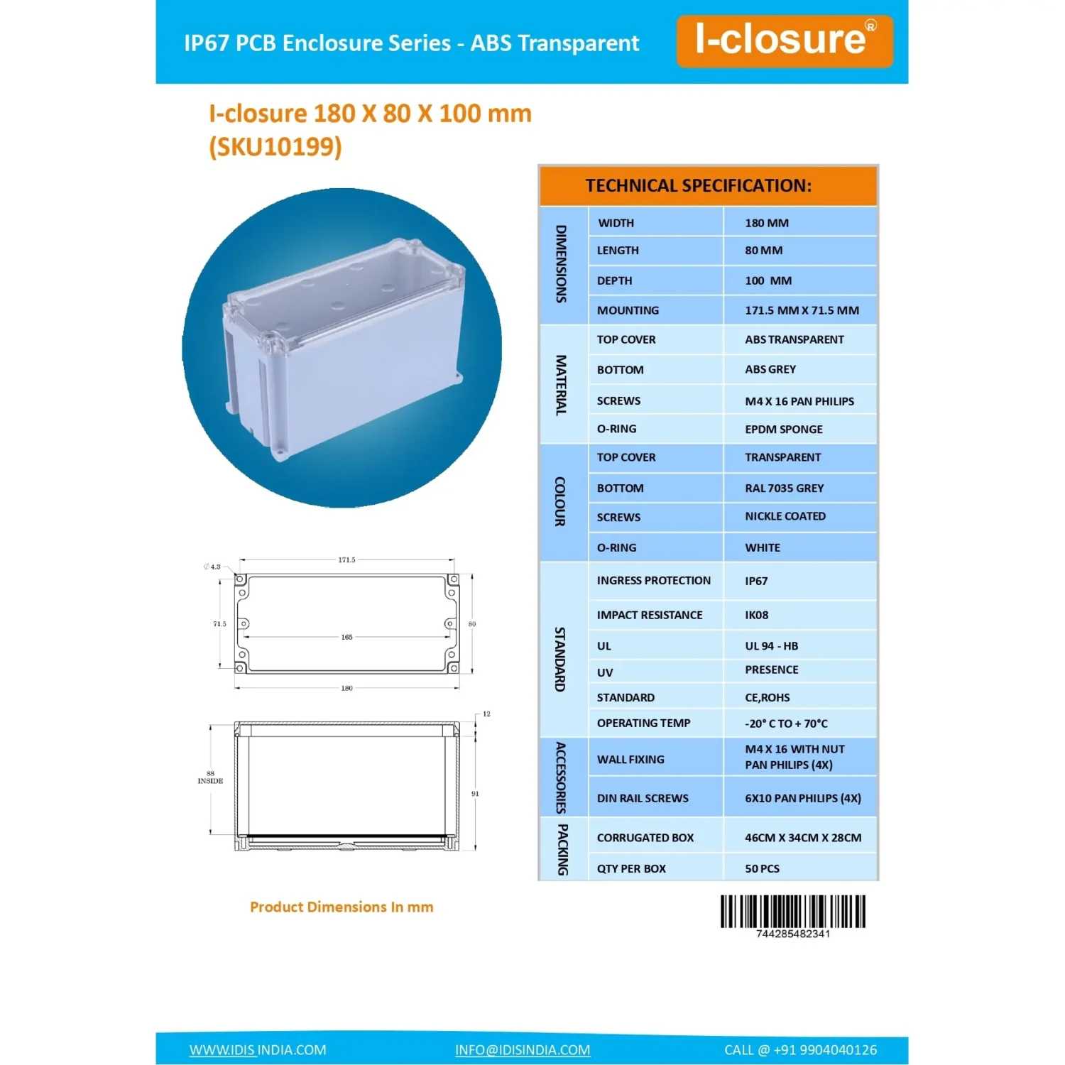 Data Sheet 180 x 80 x 100 MM Transparent Electronics Enclosure