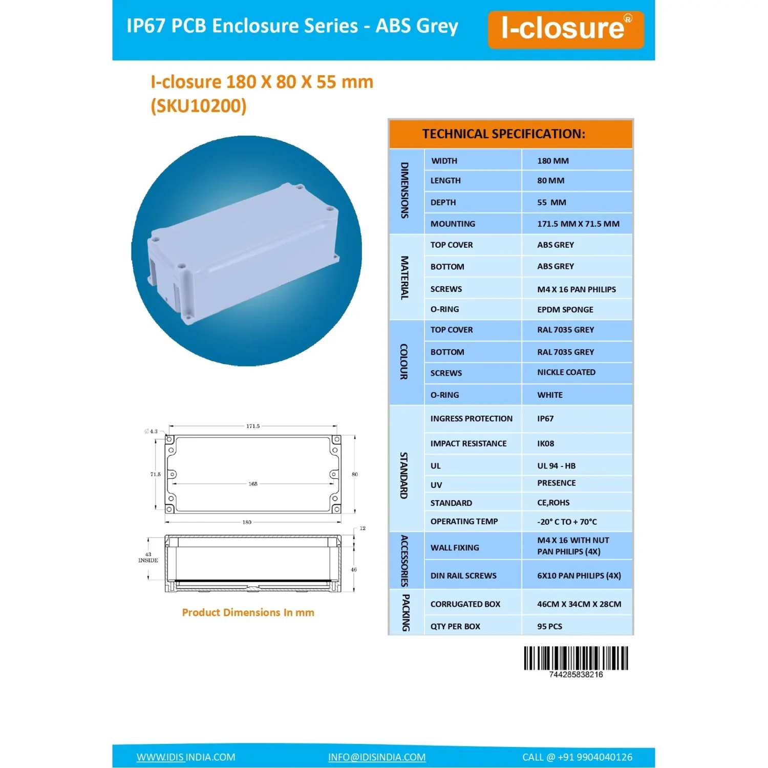 Data Sheet 180 x 80 x 55 MM ABS Electronics Enclosure