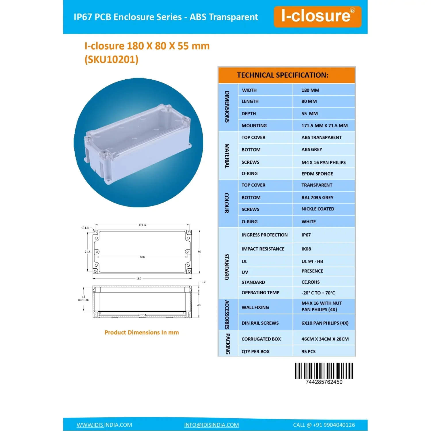 Data Sheet 180 x 80 x 55 MM Transparent Electronics Enclosure