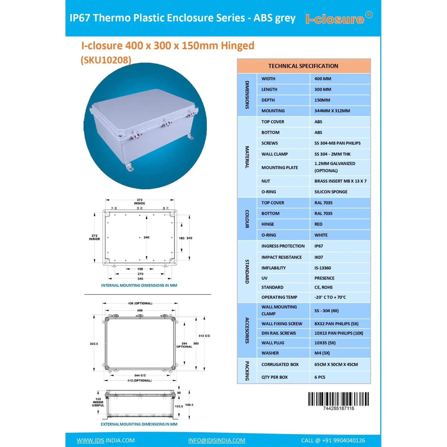 Data Sheet 400 x 300 x 150 mm IP67 Opaque Electrical Enclosure