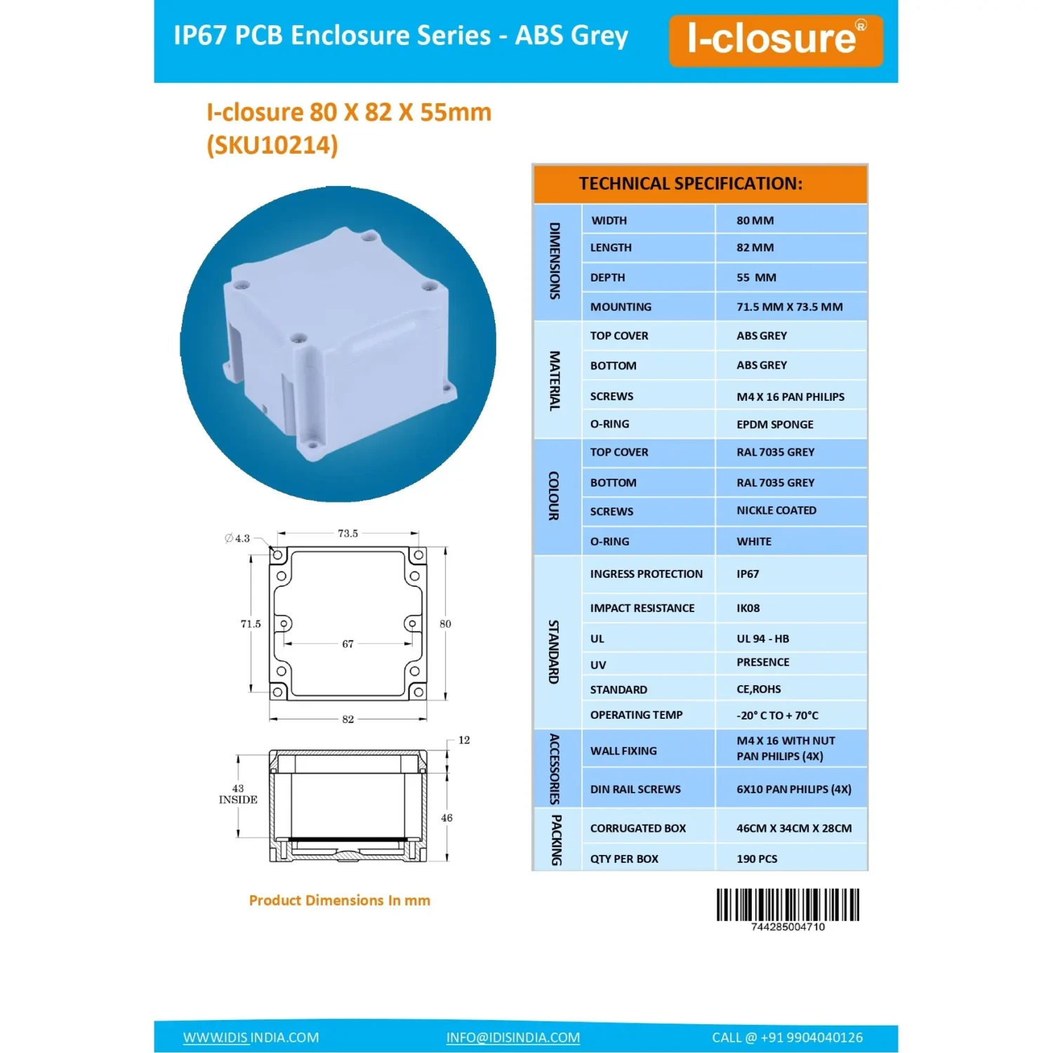ABS Enclosure 80 x 82 x 55 mm Grey IP67 - Image 4