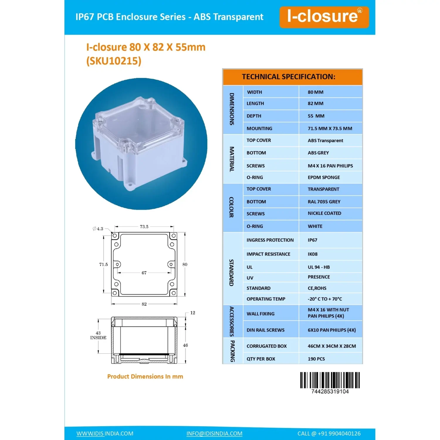 Data Sheet 80 x 82 x 55 MM Transparent Electronics Enclosure