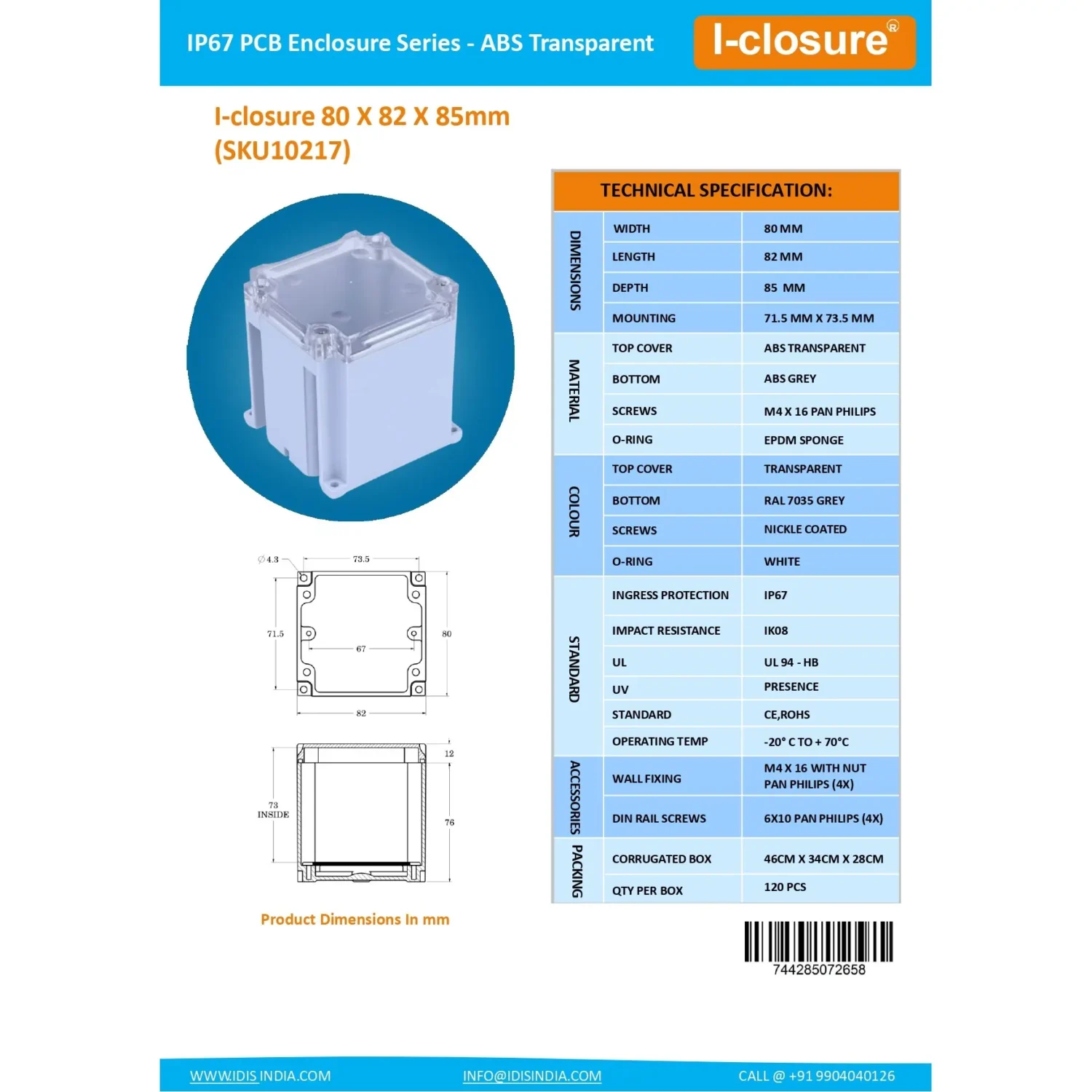 Data Sheet 80 x 82 x 85 MM Transparent Electronics Enclosure
