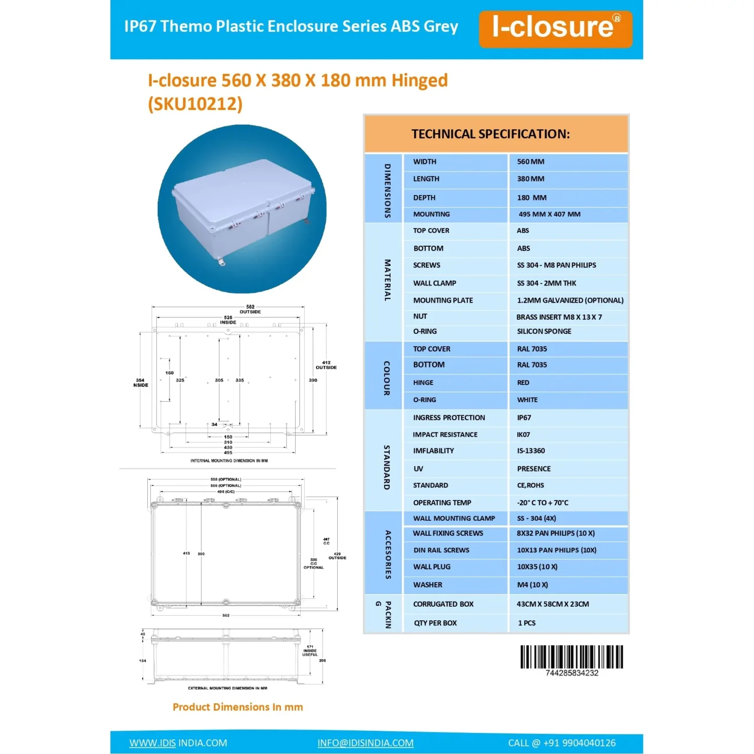 Data Sheet Enclosure 560 x 380 x 180 mm Waterproof IP67