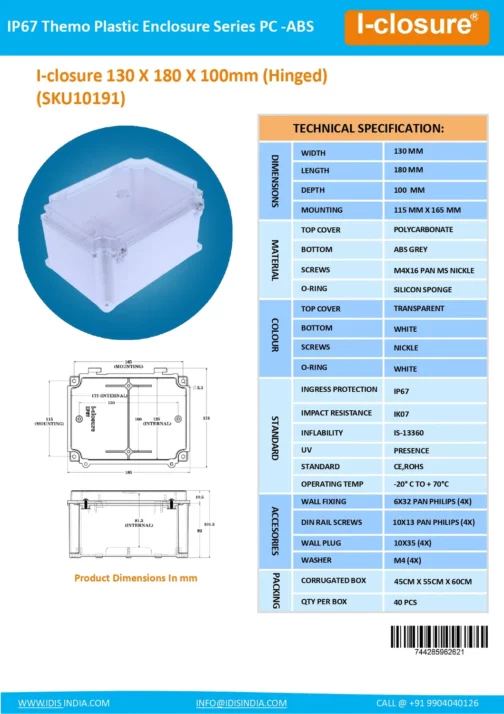 Datasheet 130 X 180 X 100 MM PC ABS SKU10191