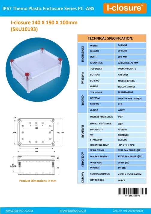 Datasheet 140 X 190 X 100 MM PC ABS SKU10193