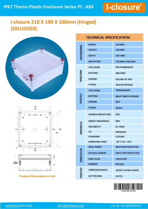 Datasheet 210 X 190 X 100 MM PC ABS SKU10203