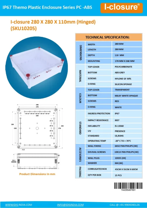 Datasheet 280 X 280 X 110 MM PC ABS SKU10205