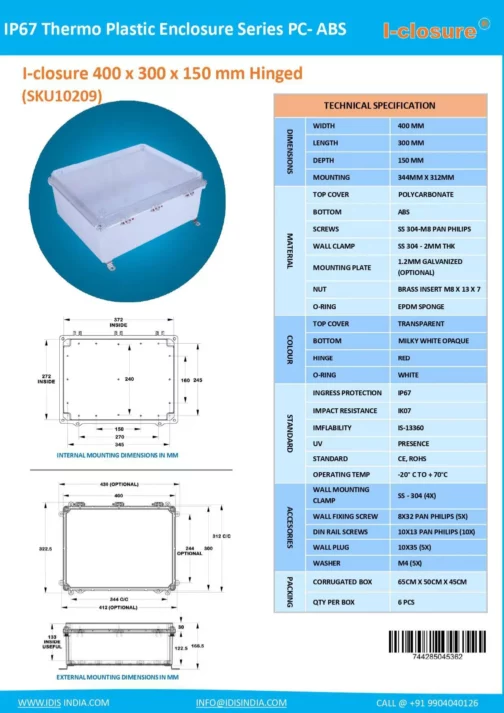 Datasheet 400 X 300 X 150 MM PC ABS SKU10209