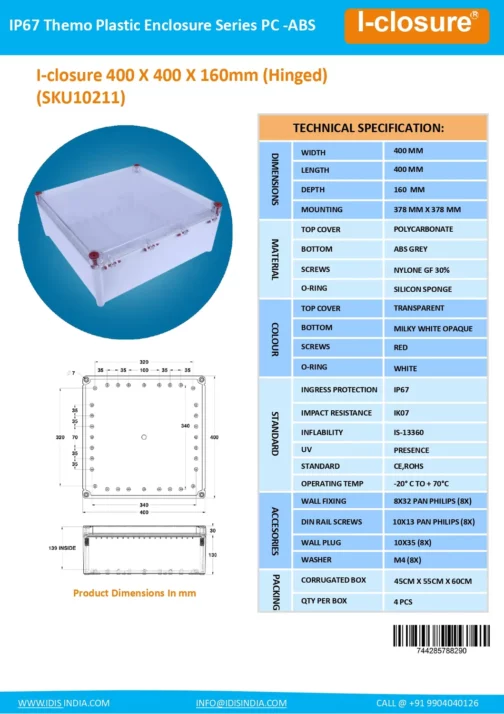 Datasheet 400 X 400 X 160 MM PC ABS SKU10211