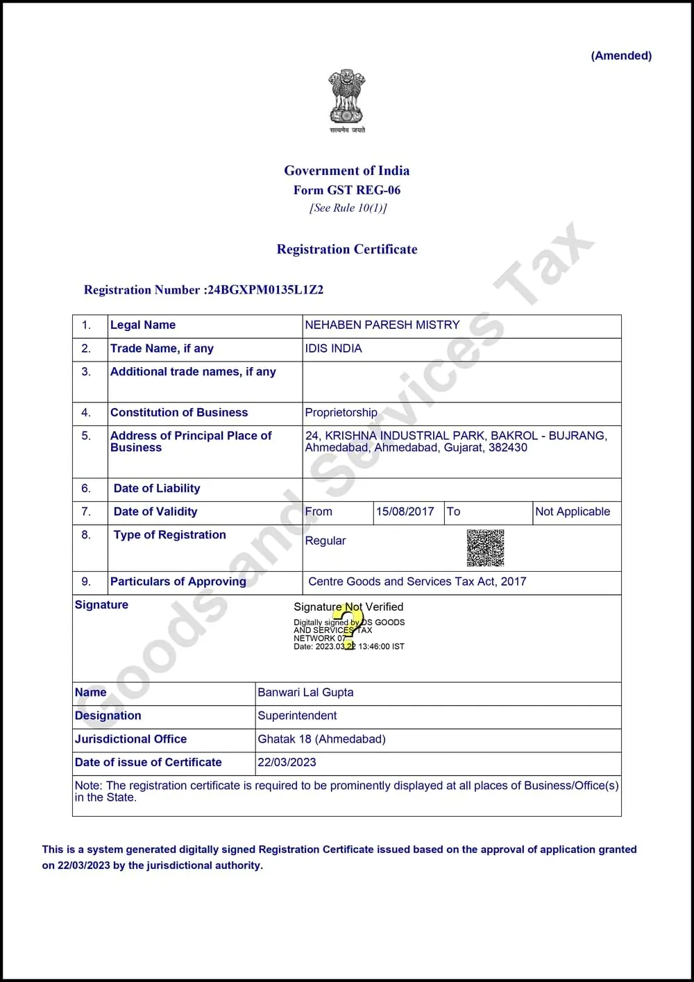 Idis india GST Certificate
