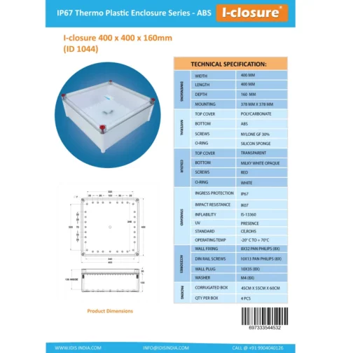 PC-ABS-Enclosure-Waterproof-IP65-IP67-400-x-400-x-160-mm-Transparent-Isometric-datasheet