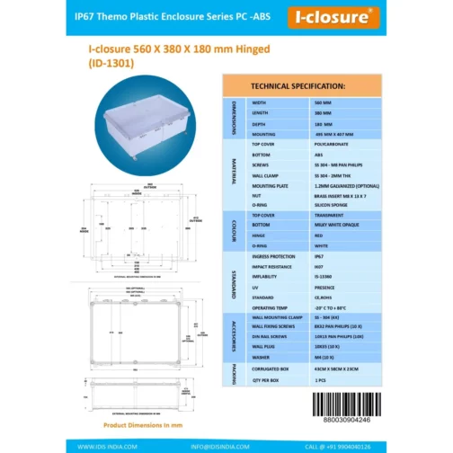 PC ABS Enclosure Waterproof IP65 IP67 560 x 380 x 180 mm Data sheet