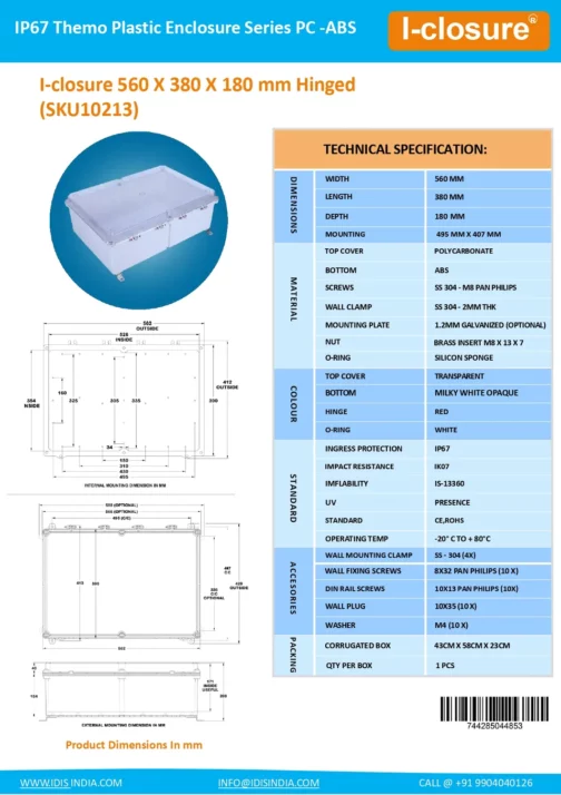 Datasheet 560 X 380 X 180 MM PC ABS SKU10213